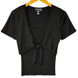 Cable & Gauge Black Silk Blend Tie Front Knit Top | Size M | Retro Minimalist